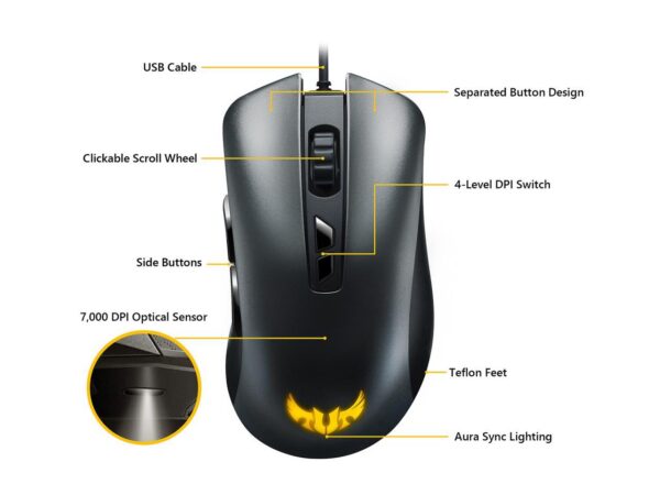 ASUS P305 TUF Gaming M3 Wired Ergonomic Gaming Mouse, 7,000 DPI Optical Sensor, 7 Programmable Tactile Buttons, Aura Sync RGB Lighting, Lightweight Build, Durable Switches, On-Board Memory, Black - Image 3